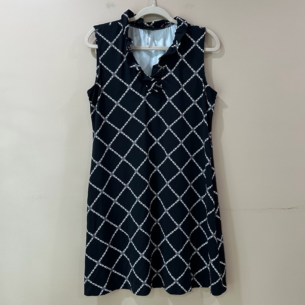 Lulu-B Women's L Sleeveless Shift Dress Black White Geometric Windowpane V-Neck